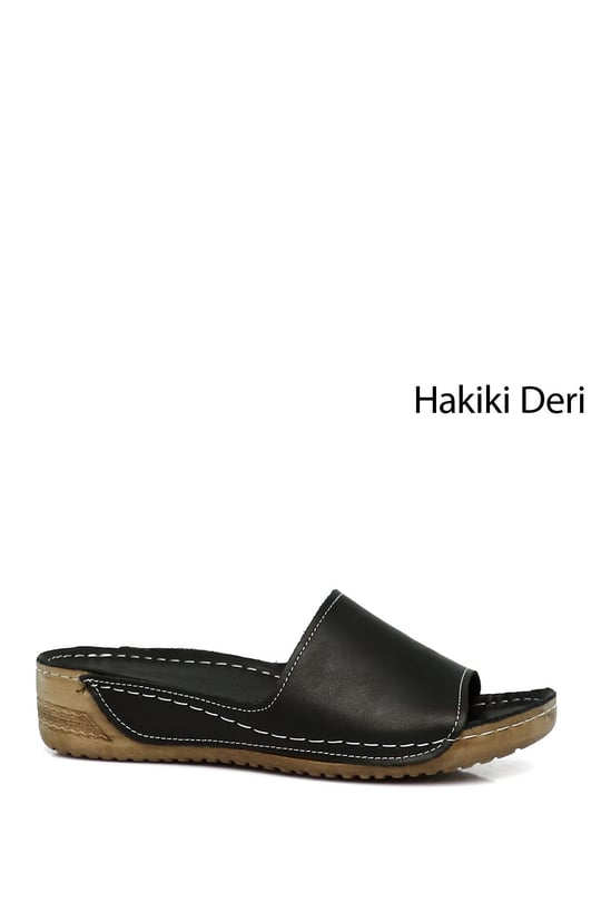 Kadın Siyah Dolgu Taban Hakiki Deri Terlik