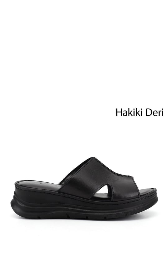 Kadın Siyah Dolgu Taban Hakiki Deri Terlik