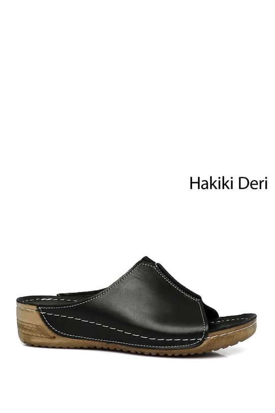 Kadın Siyah Dolgu Taban Hakiki Deri Terlik