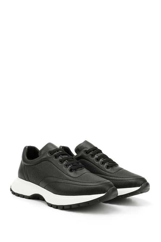 Kadın Siyah Dolgu Taban Lastik Bağcıklı Hakiki Deri Sneaker