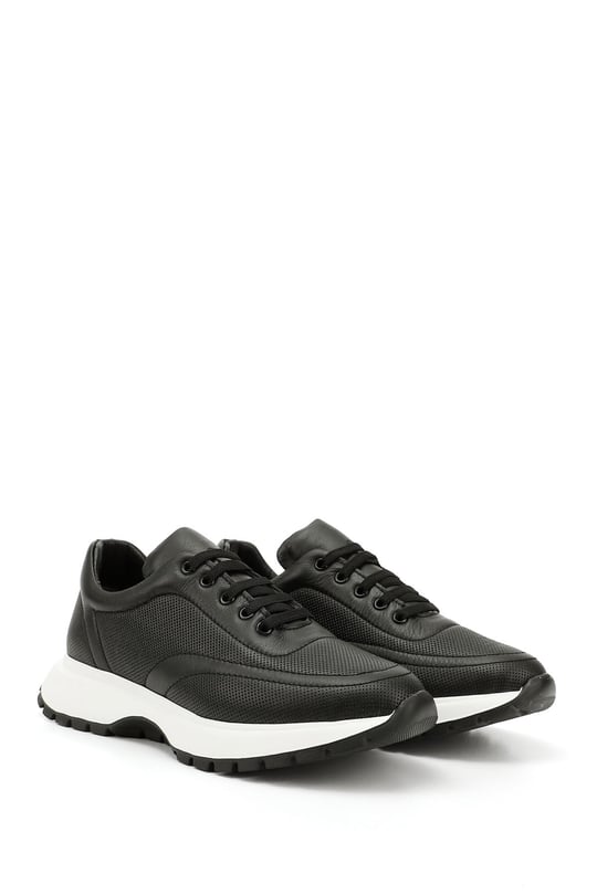 Kadın Siyah Dolgu Taban Lastik Bağcıklı Hakiki Deri Sneaker