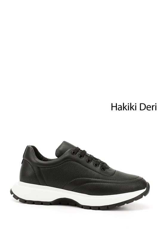 Kadın Siyah Dolgu Taban Lastik Bağcıklı Hakiki Deri Sneaker