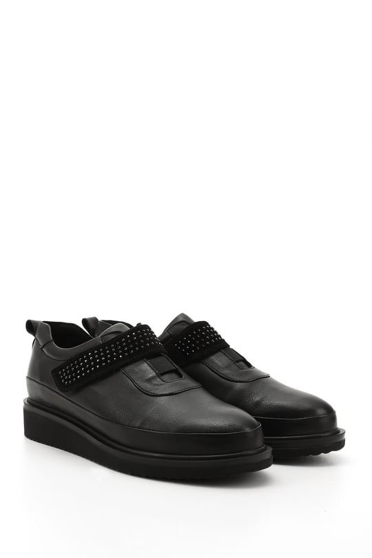 Women's Black Wedge Sole Stone Detailed Genuine Leather Shoes