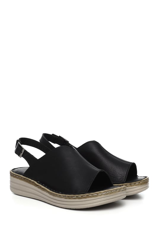 Kadın Siyah Dolgu Topuk Hakiki Deri Comfort Sandalet