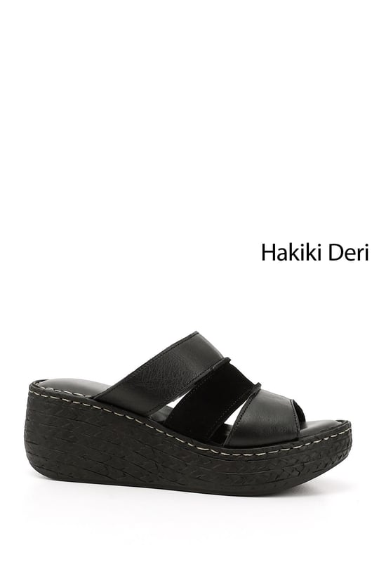 Kadın Siyah Dolgu Topuk Hakiki Deri Terlik