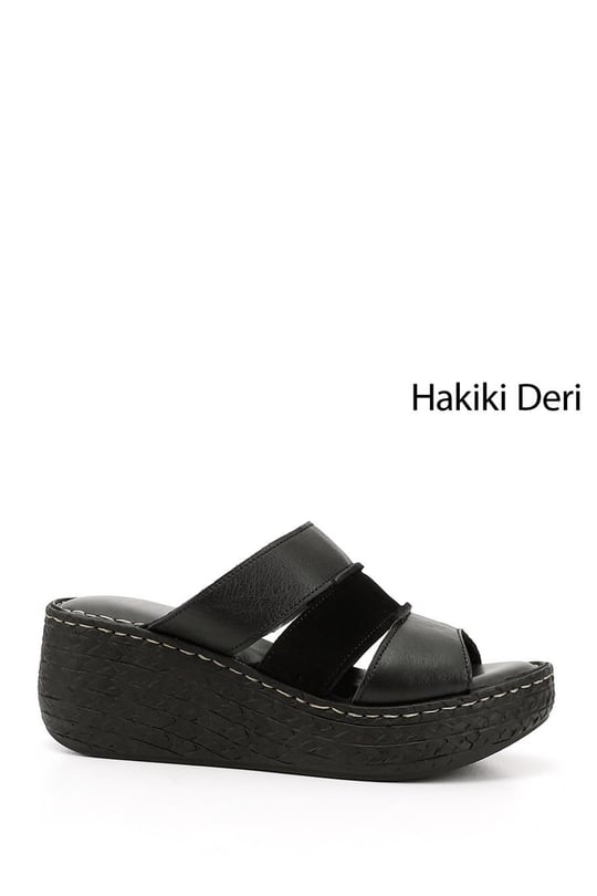 Kadın Siyah Dolgu Topuk Hakiki Deri Terlik