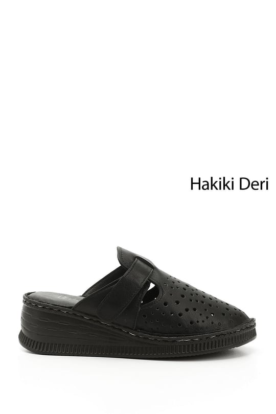 Kadın Siyah Dolgu Topuklu Hakiki Deri Terlik