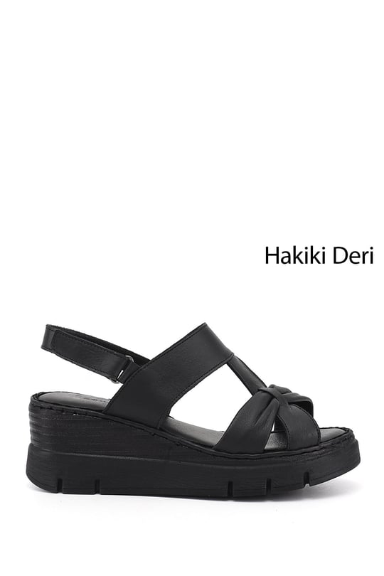 Kadın Siyah Dolgu Topuklu Hakiki Deri Sandalet