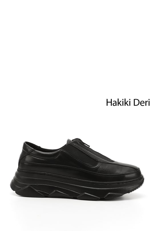 Kadın Siyah Fermuarlı Dolgu Taban Hakiki Deri Sneaker
