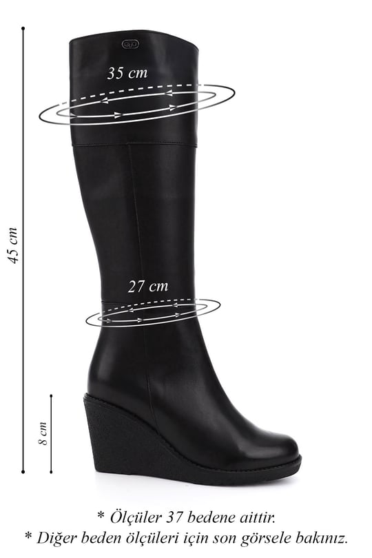 Women's Black Zippered Wedge Heel Genuine Leather Boots