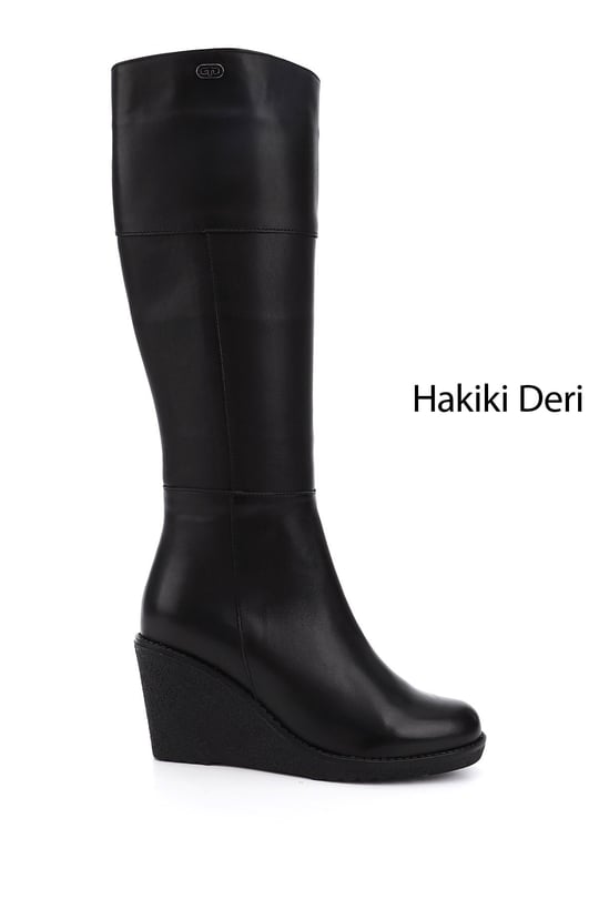 Kadın Siyah Fermuarlı Dolgu Topuklu Hakiki Deri Çizme