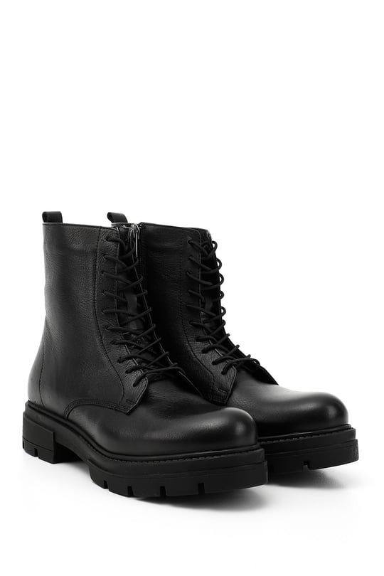 Women's Black Genuine Leather Zippered Combat Boots