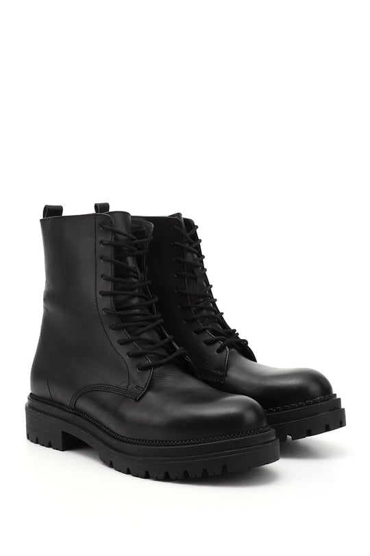 Women's Black Genuine Leather Zippered Combat Boots
