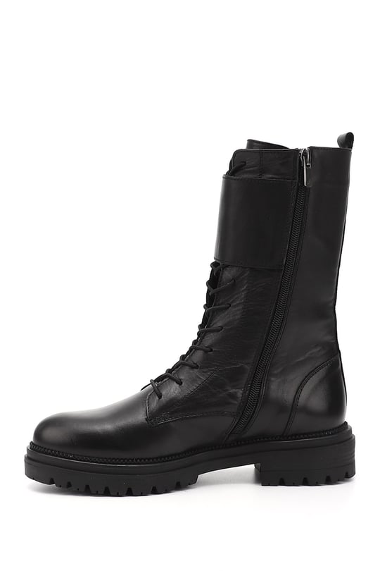 Women's Black Genuine Leather Zippered Combat Boots