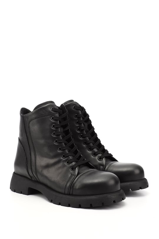 Women's Black Genuine Leather Zippered Combat Boots