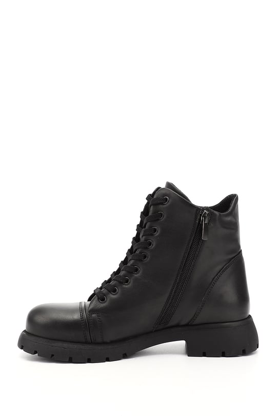 Women's Black Genuine Leather Zippered Combat Boots