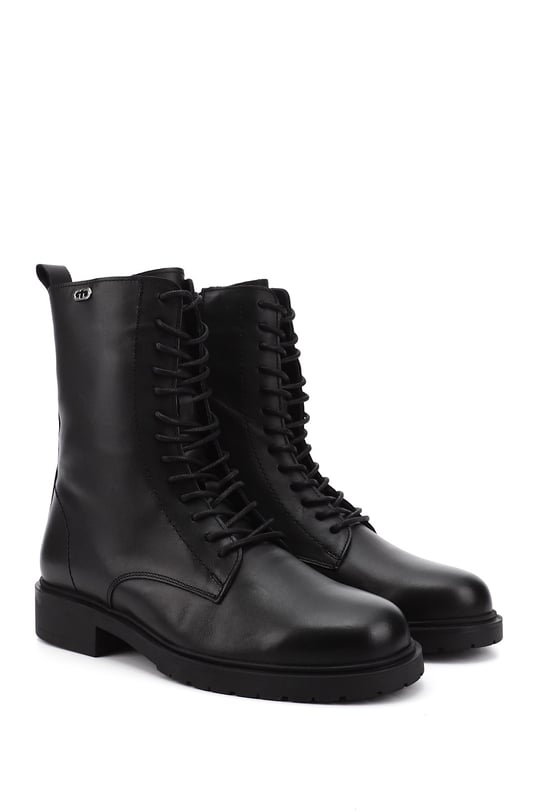 Women's Black Zippered Genuine Leather Combat Boots