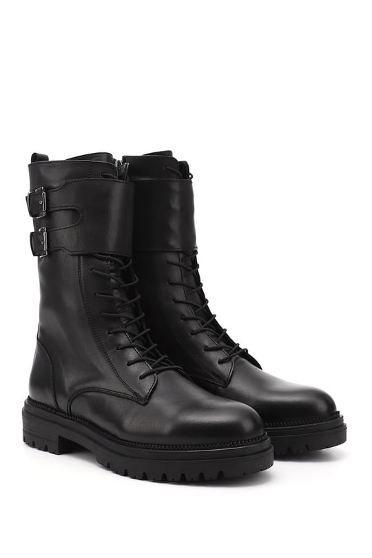 Women's Black Genuine Leather Zippered Combat Boots