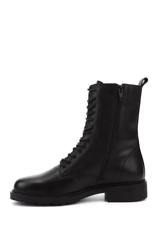 Women's Black Zippered Genuine Leather Combat Boots