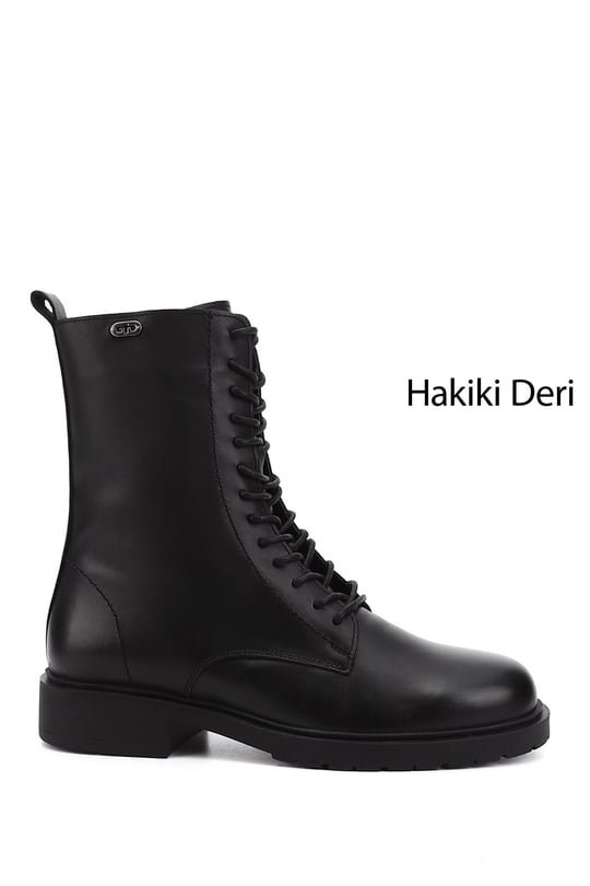 Women's Black Zippered Genuine Leather Combat Boots