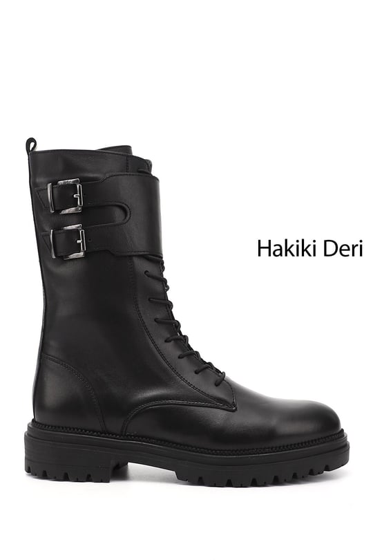 Kadın Siyah Fermuarlı Hakiki Deri Postal Bot