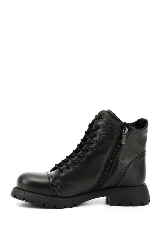 Women's Black Genuine Leather Zippered Combat Boots