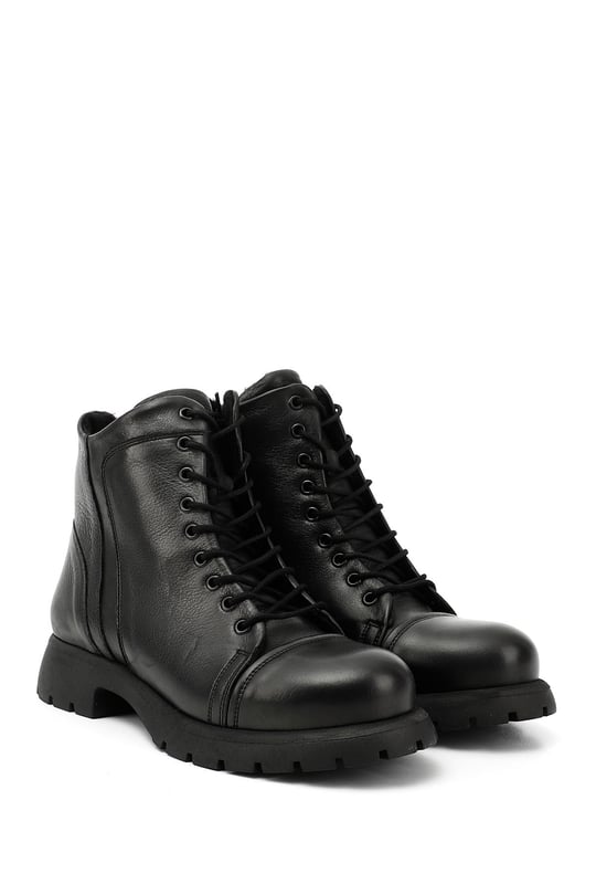 Women's Black Genuine Leather Zippered Combat Boots