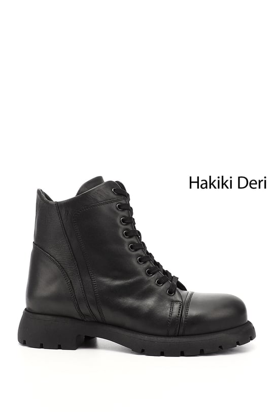 Kadın Siyah Fermuarlı Hakiki Deri Postal Bot