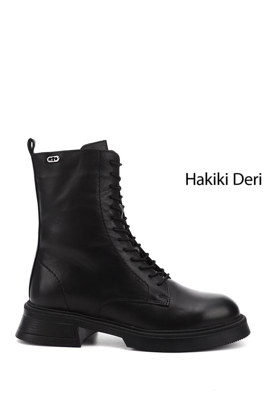 Kadın Siyah Fermuarlı Kalın Taban Hakiki Deri Postal Bot
