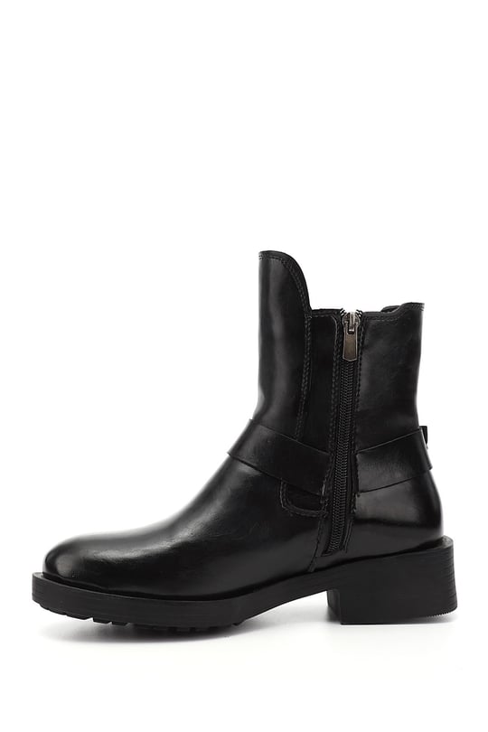 Women's Black Zippered Chunky Heel Biker Boots