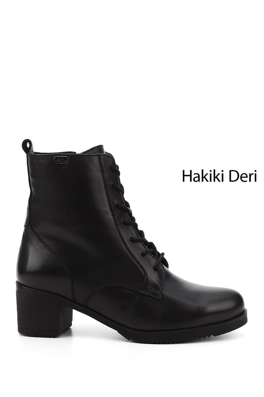Women's Black Zippered Thick Heel Genuine Leather Combat Boots