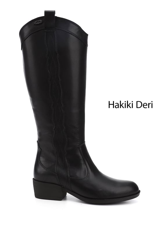 Women's Black Zippered Thick Heel Genuine Leather Cowboy Boots