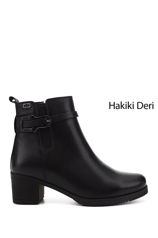 Kadın Siyah Fermuarlı Kalın Topuklu Hakiki Deri Bot