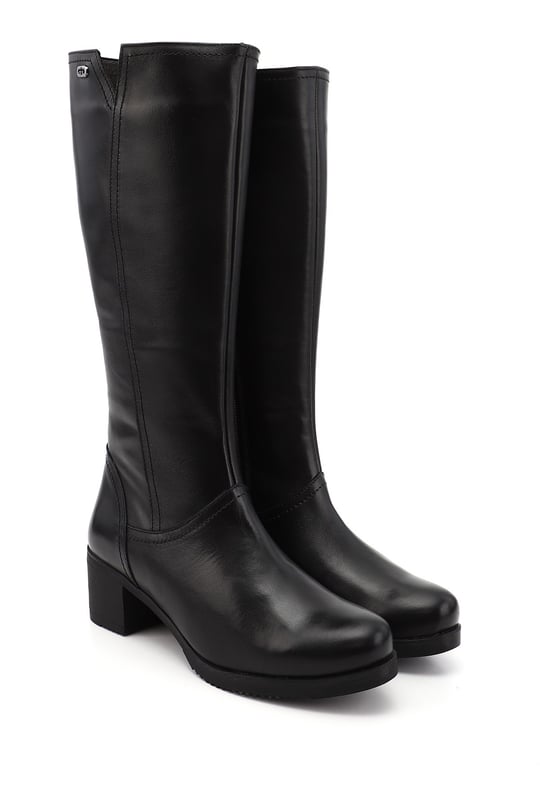 Women's Black Zippered Thick Heel Genuine Leather Boots