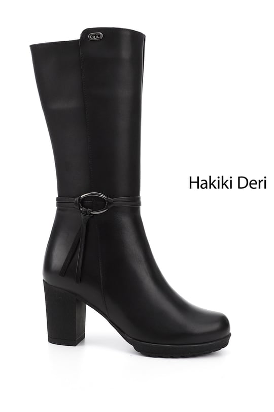 Kadın Siyah Fermuarlı Kalın Topuklu Hakiki Deri Çizme