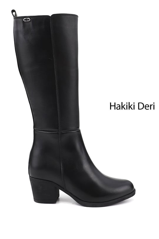 Kadın Siyah Fermuarlı Kalın Topuklu Hakiki Deri Çizme