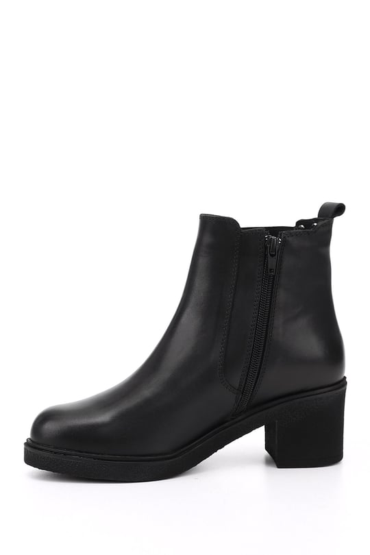 Women's Black Zippered Chunky Heel Genuine Leather Chelsea Boots