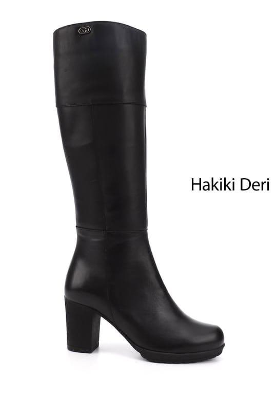 Kadın Siyah Fermuarlı Kalın Topuklu Hakiki Deri Çizme