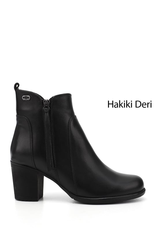 Kadın Siyah Fermuarlı Kalın Topuklu Hakiki Deri Bot