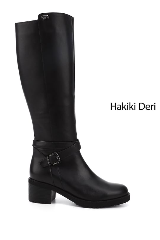 Kadın Siyah Fermuarlı Kalın Topuklu Hakiki Deri Çizme