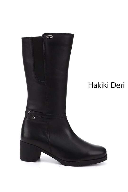 Kadın Siyah Fermuarlı Kalın Topuklu Hakiki Deri Çizme