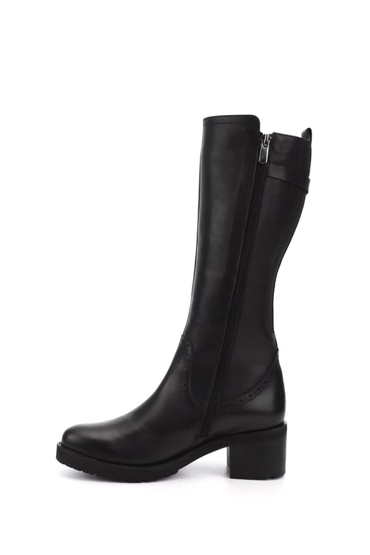 Women's Black Zippered Thick Heel Genuine Leather Boots