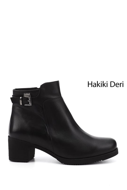 Kadın Siyah Fermuarlı Kalın Topuklu Hakiki Deri Bot