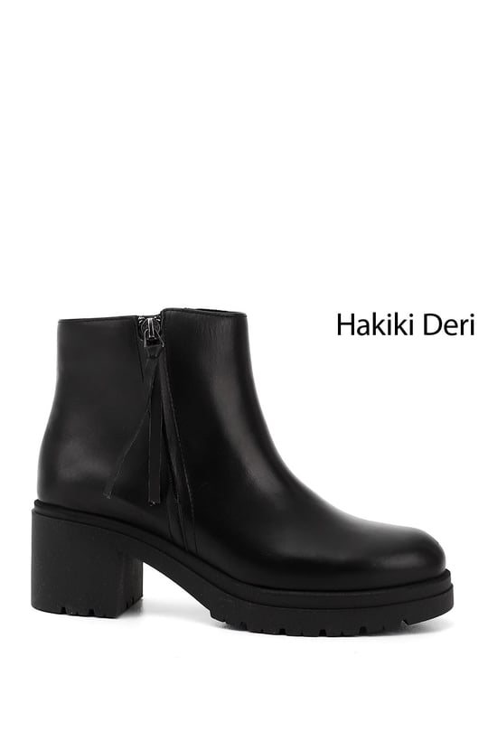Kadın Siyah Fermuarlı Kalın Topuklu Hakiki Deri Bot