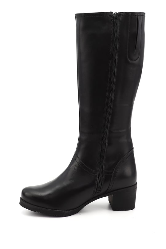 Women's Black Zippered Thick Heel Genuine Leather Boots