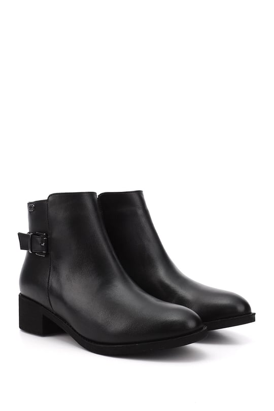 Women's Black Zippered Thick Heel Genuine Leather Boots