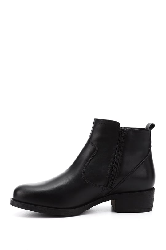 Women's Black Zippered Thick Heel Genuine Leather Boots