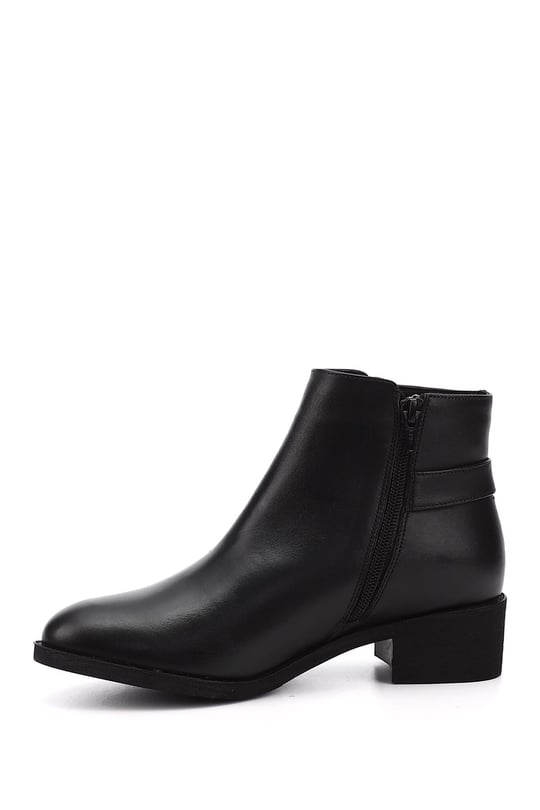 Women's Black Zippered Thick Heel Genuine Leather Boots