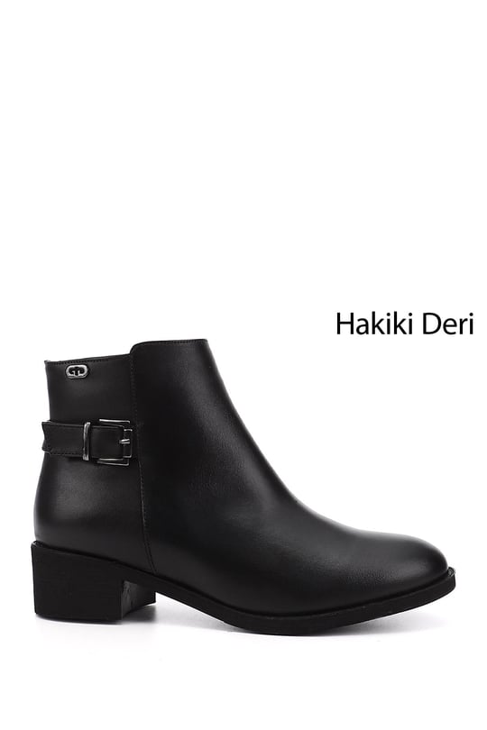 Women's Black Zippered Thick Heel Genuine Leather Boots