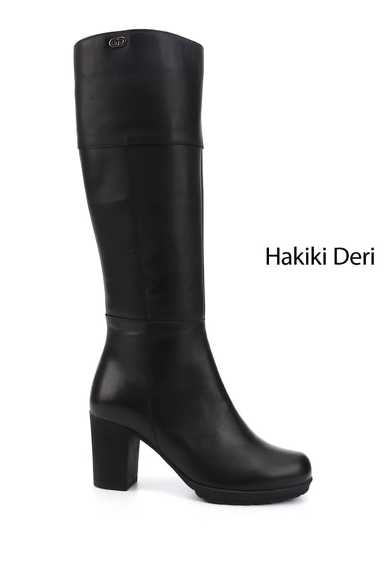 Kadın Siyah Fermuarlı Kalın Topuklu Hakiki Deri Çizme